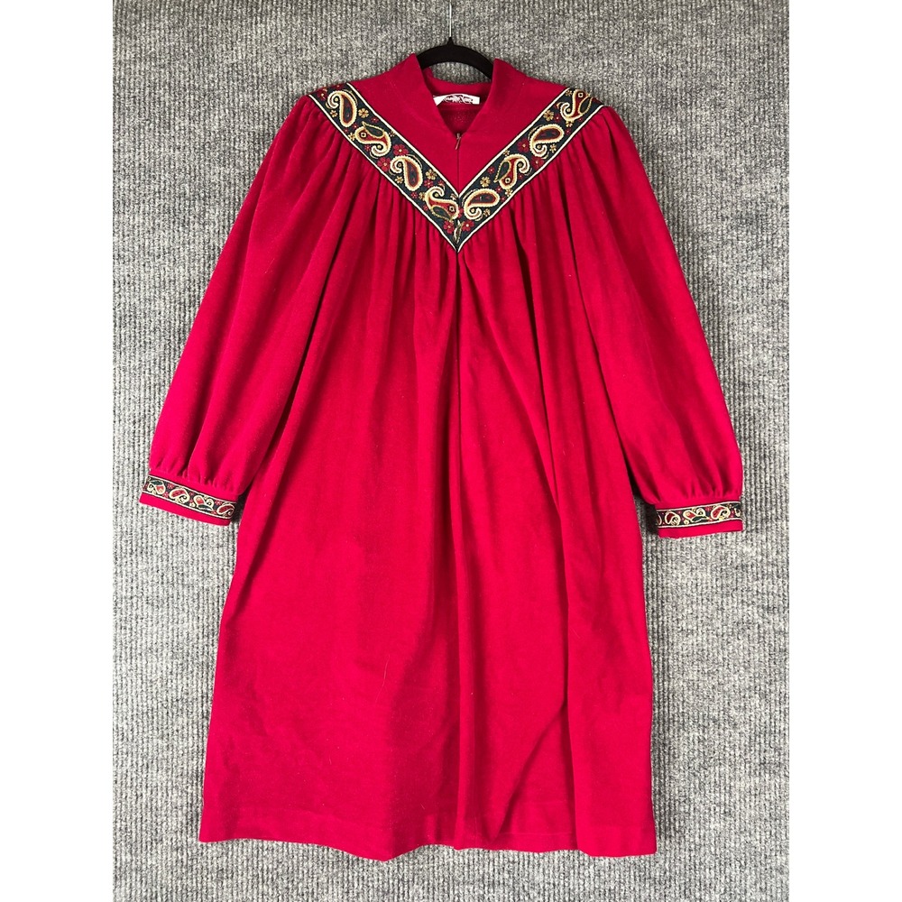 Vintage 70s Vanity Fair Red Velour Robe L Paisley Boho Mod Housecoat